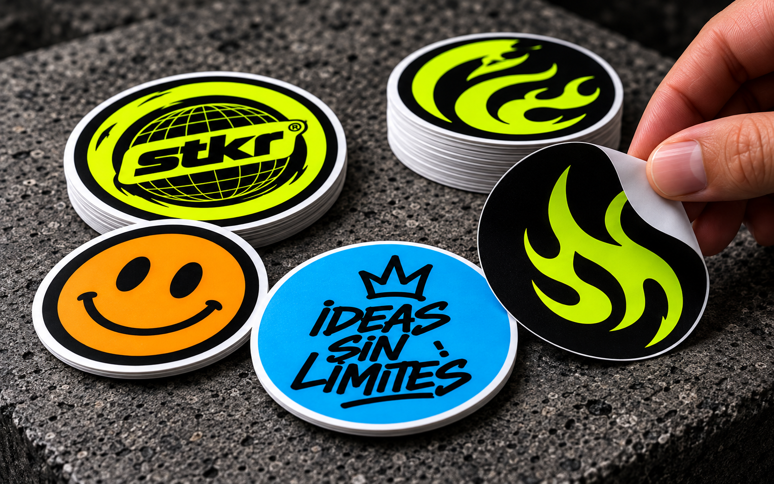 Muestras de stickers circulares y una mano despegando un adhesivo